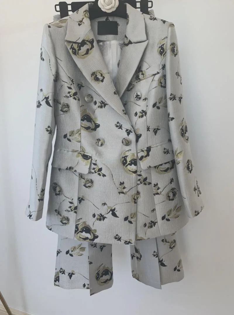 blazer and pants Жаккардовый блейзер с цветочным принтом и листьями; двубортный костюм; брюки с разрезами спереди; расклешенные брюки; комплект из 2 предметов для женщин - Цвет: blazer and pants