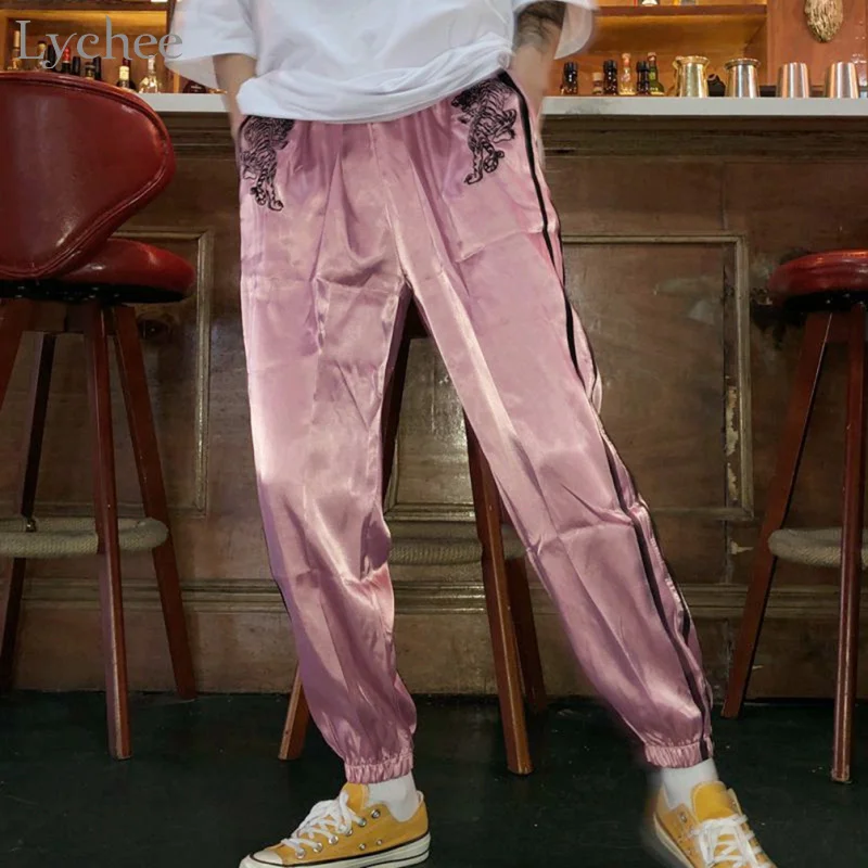 Lychee Harajuku Spring Autumn Women Pants Tiger Embroidery Casual Loose Elastic Waist Flat Straight Pants Trousers