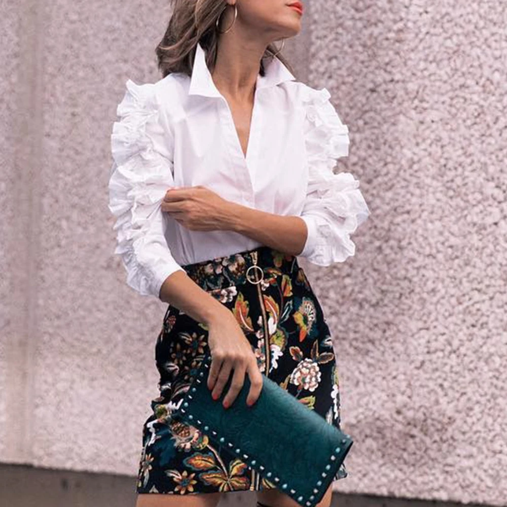 

2018 Spring New Women Casual Fashion Ruffles Sleeve Button Down Neck Blouse Slim Office Tops Shirt White