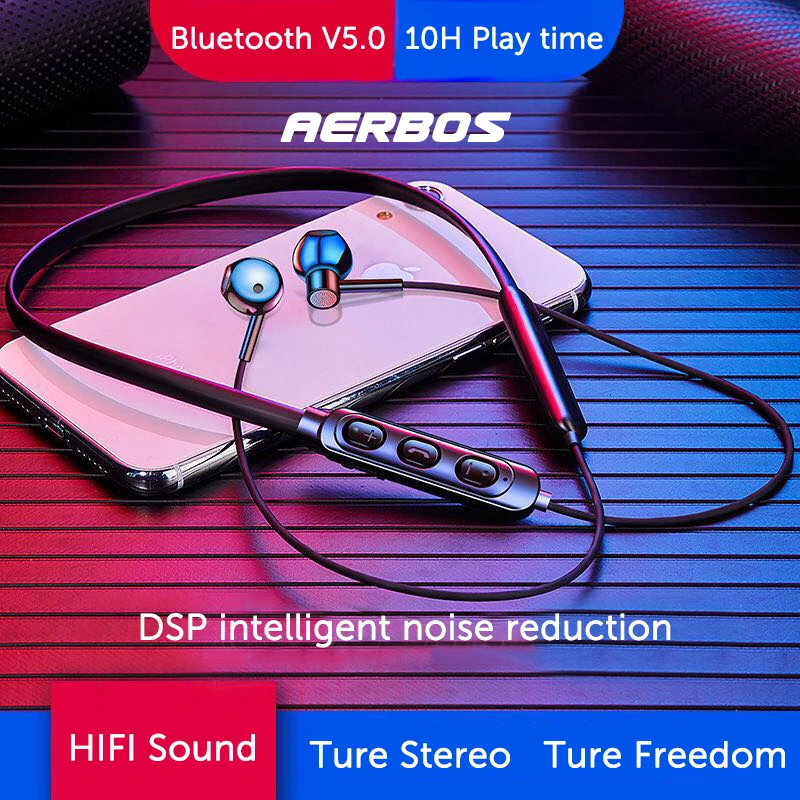 

AERBOS Bluetooth 5.0 Earphones Hifi Volume Control Headset Sport Neckband Running Wireless Headphone with Speaker for iPhone