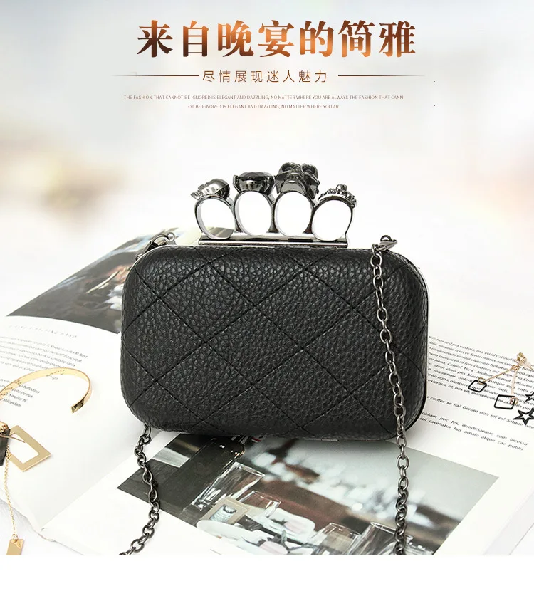 Lichee Pattern PU Women Clutches Bag Purses Knuckle Rings Ladies Leather Evening Bag Party Bride Day Clutch Chain Shoulder Bag