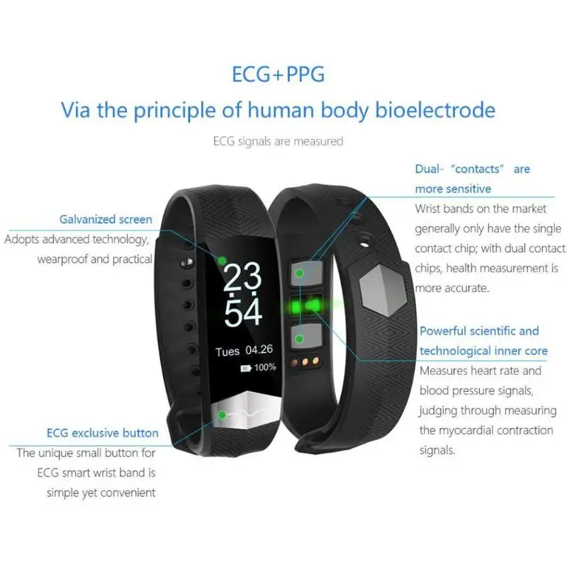 Bluetooth SmartBand Фитнес трекер сна ЭКГ Heart Rate Приборы для измерения артериального давления Мониторы Шагомер Смарт Браслет Водонепроницаемый