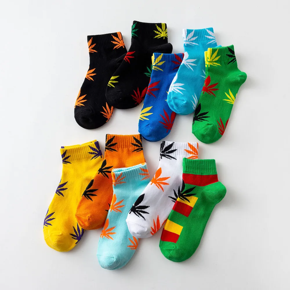 Moda Socmark Summer Women Men's Funny Ankle Socks Hemp Meias Long Happy Maple Leaf sokken Cotton Weed Grass White Black Socken