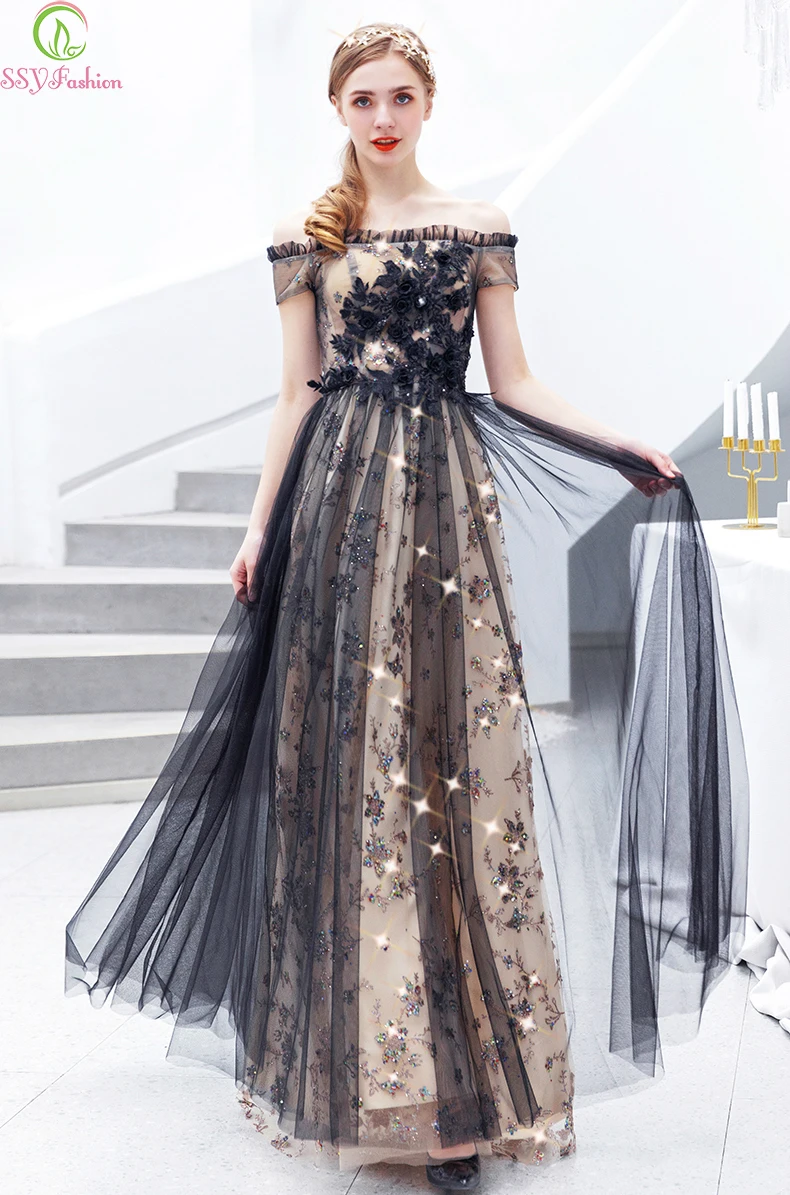 Женское вечернее платье до пола SSYFashion элегантное черное банкетное с кружевной