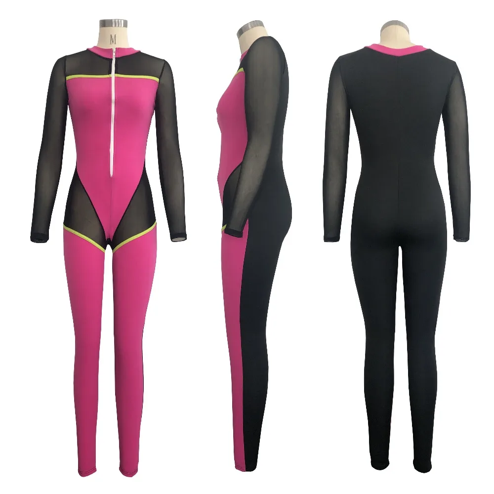 Tsuretobe Bodycon Sheer сетчатый комбинезон Для женщин с длинными рукавами в стиле пэчворк комбинезон на молнии Женская мода перспектива сексуальная боди тонкий