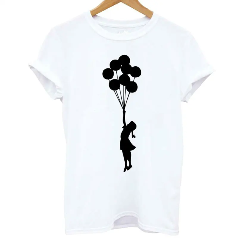 

2019 Girl Fly Balloon Print Women T-shirts Cartoon Casual T-shirt Woman Tee Tops Funny Short Sleeve Female T-shirts Drop Ship