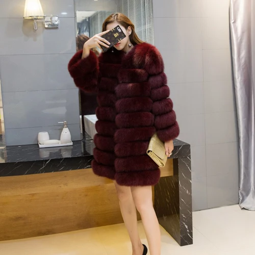 wine red Популярное пальто с длинным рукавом из натурального Лисьего меха, Женская длинная стильная зимняя куртка с отделкой из меха, теплое мягкое качественное пальто из натурального Лисьего меха - Цвет: wine red