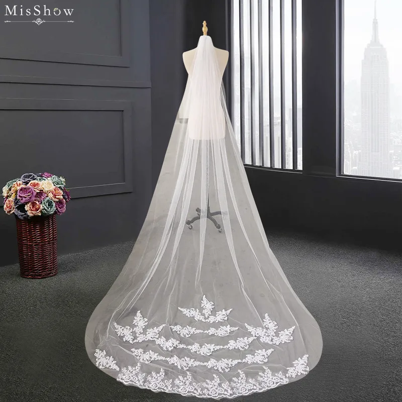 

Wedding Accessories Appliques Tulle Long Cathedral Wedding Veil Lace Edge Bridal Veil with Comb veu de noiva longo