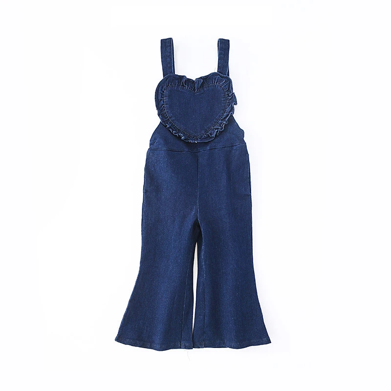 denim blue Весенне-летний джинсовый комбинезон для малышей, расклешенные комбинезоны для девочек, детский комбинезон, подвеска для детей, брюки с плиссированным узором в виде сердца для детей от 1 до 7 лет - Цвет: denim blue