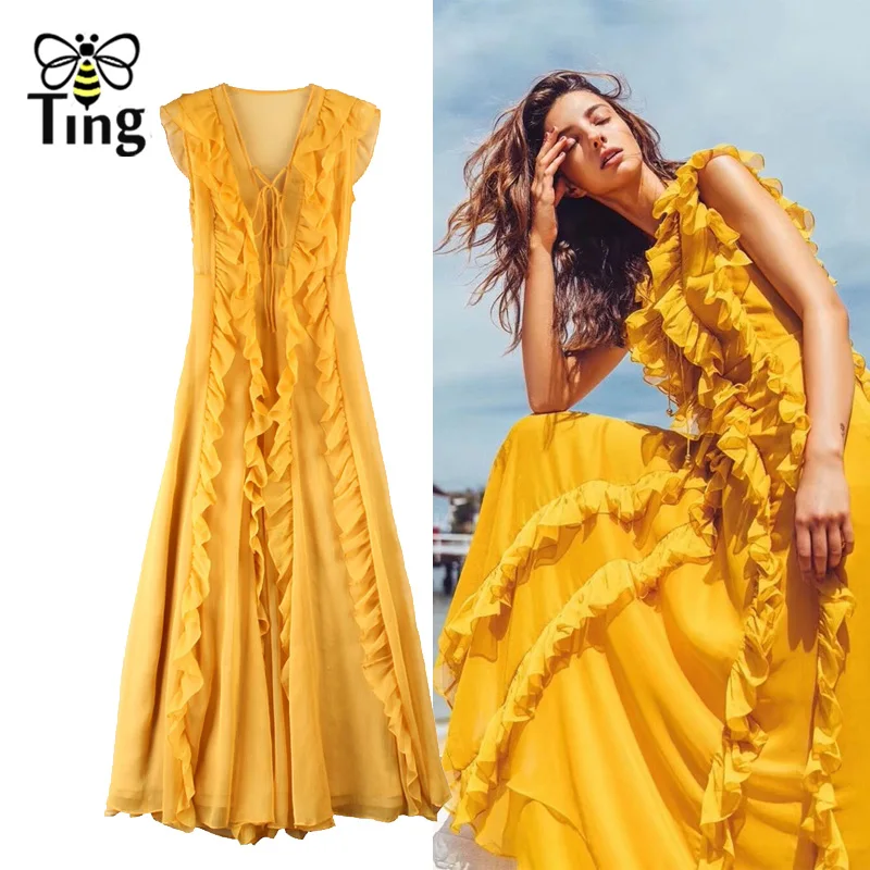 

Tingfly Runway Desigher Cascading Ruffles Maxi Dress Sexy Lace Up V neck Long Dress Luxury Party Dresses Boho Casual Summer Dres