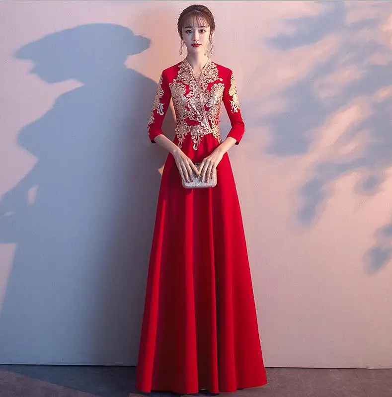 Бордовое китайское традиционное женское платье Чонсам с вышивкой Vestidos Chinos восточные свадебные платья вечерние платья Размер XS-3XL - Цвет: red B