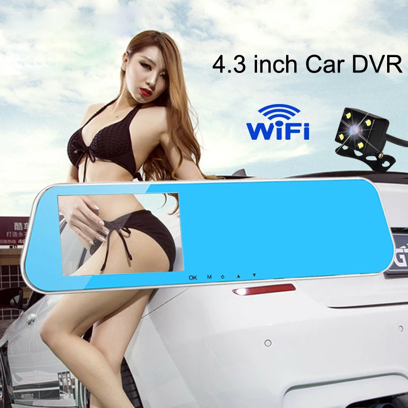 HD 1080 P Wi-Fi 4,3 дюймов автомобиля камера-видеорегистратор Зеркало заднего вида видео Регистраторы Двойной объектив Два Камера s парковка приложение мониторинга Управление dvr