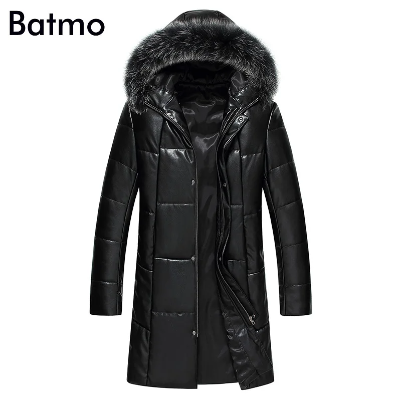 Batmo, Новое поступление, зимняя куртка высокого качества, искусственная кожа, 95% белый утиный пух, Воротник из меха енота, длинная мужская куртка с капюшоном, теплое пальто для мужчин, 1716 - Цвет: Черный