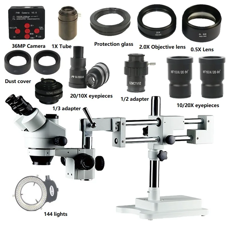 

3.5X-90X Simul-focal double arm boom Trinocular Stereo Microscope stand 36MP HDMI Digital video soldering microscopio camera