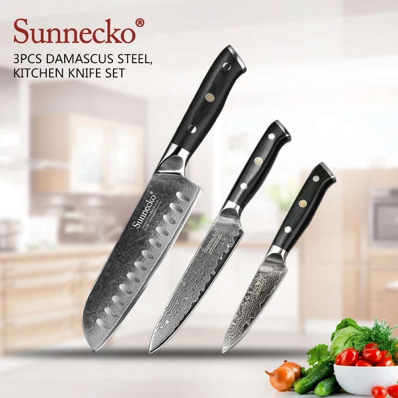 

SUNNECKO 3PCS Kitchen Knives Set Santoku Utility Paring Knife Cooking Tools Japanese Damascus VG10 Steel Razor Sharp G10 Handle