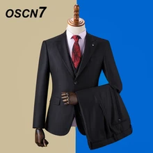OSCN7 клетчатые мужские костюмы на заказ, приталенные мужские костюмы для свадебной вечеринки, модный костюм из 3 предметов, блейзер, брюки, жилет, ZM-573