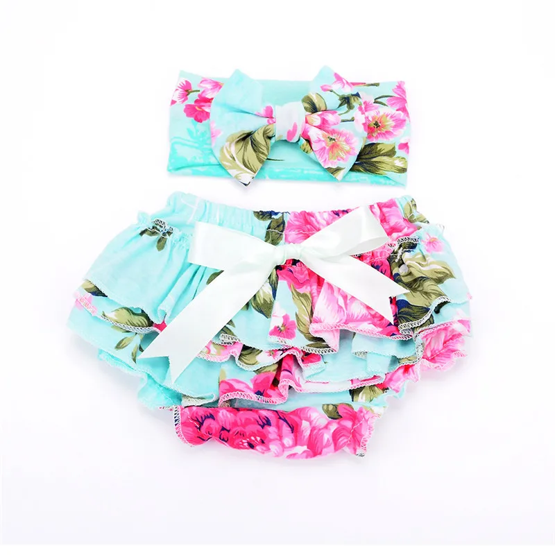 

2018 Baby Girl Summer Clothes Floral Print Ruffle Baby Bloomers Shorts+Headband 2pcs/Set Soft Milk Silk Newborn Diaper Covers