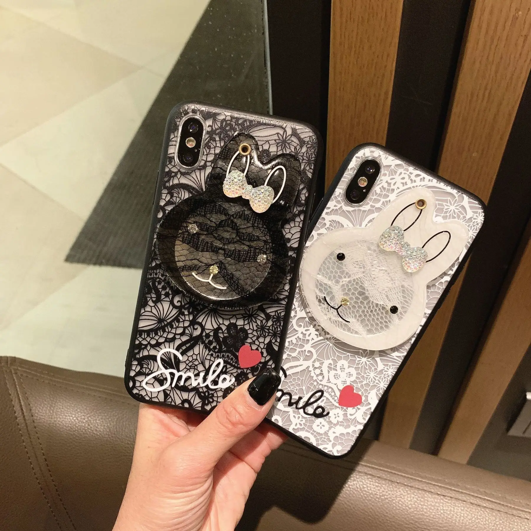 Lace Makeup Mirror Phone Case For Iphone 7 Case Iphone XR XS Max 8 6S Plus Cute Rabbit Luxury Brand Shell Back Cover For Iphone
