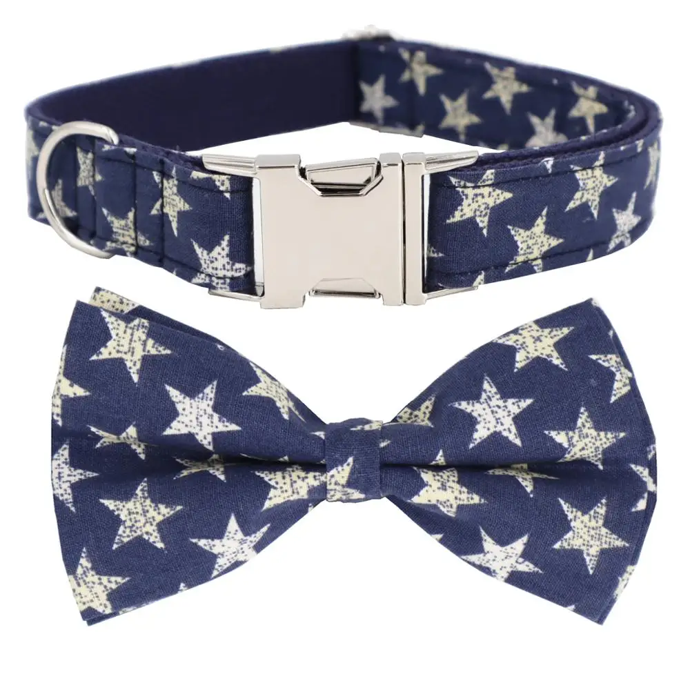 

4th of July Dog Collar and Leash Set With Bow Tie Navy Star Dog Collar