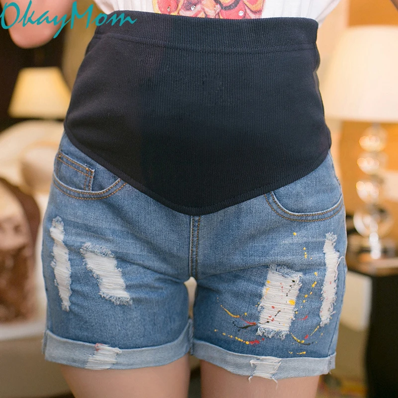 OkayMom, летние шорты для беременных женщин, плюс размер, джинсовые шорты для беременных, Ретро стиль, рваные эластичные джинсовые шорты для живота