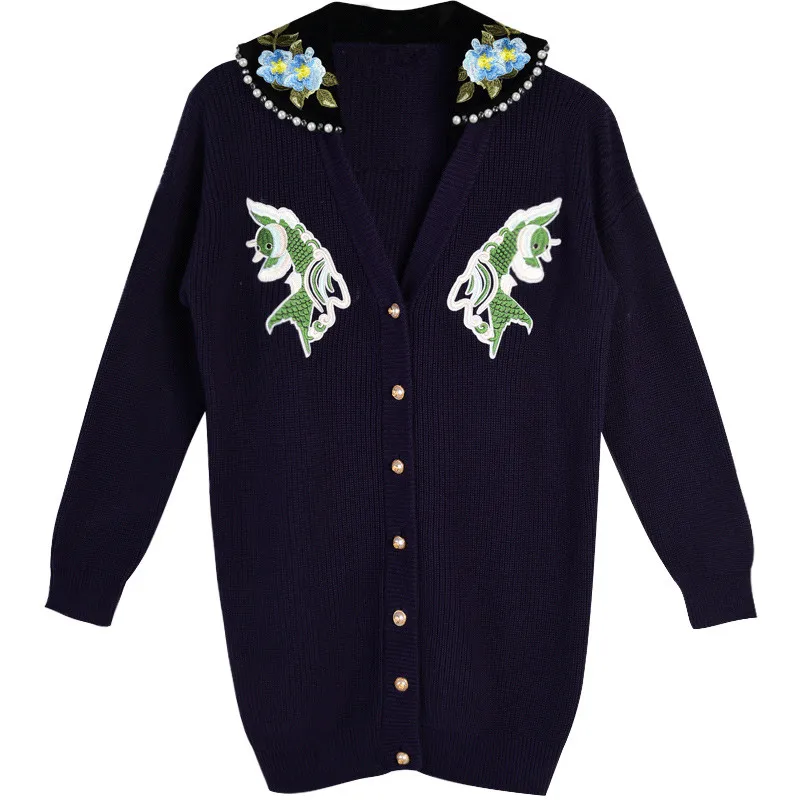 Poissons De Long 2018 Paillettes Et Pull Lâche Haute Bleu Tigre Foncé Tête Fleurs Épais Perles Cardigans Qualité Broderie Femmes gq7qS0E