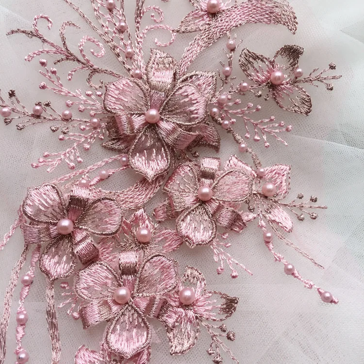 1 шт. 30*15 см элегантный цветок вышивка жемчугом бисером 3D кружева ткани аппликация с кружевной отделкой платье материал золото/Шампань/розовый
