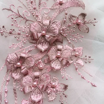 

1 Piece 30*15cm Elegant Flower Embroiderey Pearl Beaded 3D Lace Fabrics Applique Lace Trim Dress Material Gold/Champagne/Pink