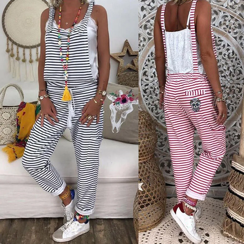 Повседневный женский комбинезон в полоску простой из смесового хлопка прямой