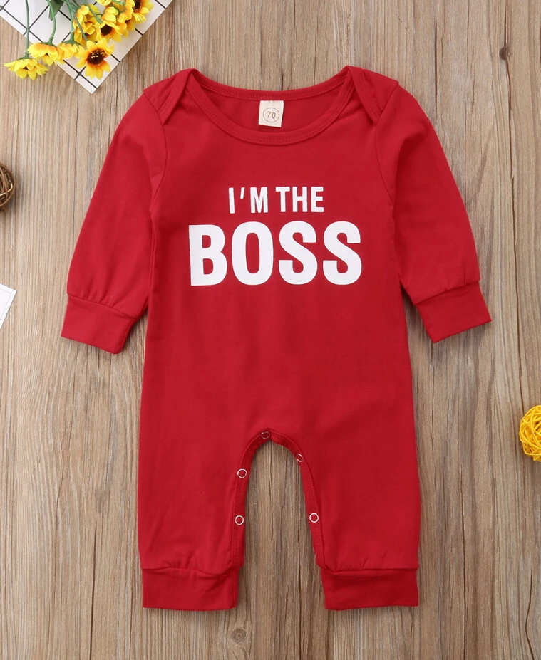Милый Малыш для маленьких мальчиков и девочек «I'm, с надписью Boss, комбинезон, длинные рукава, красное повседневная одежда для детей от 0 до 24 м