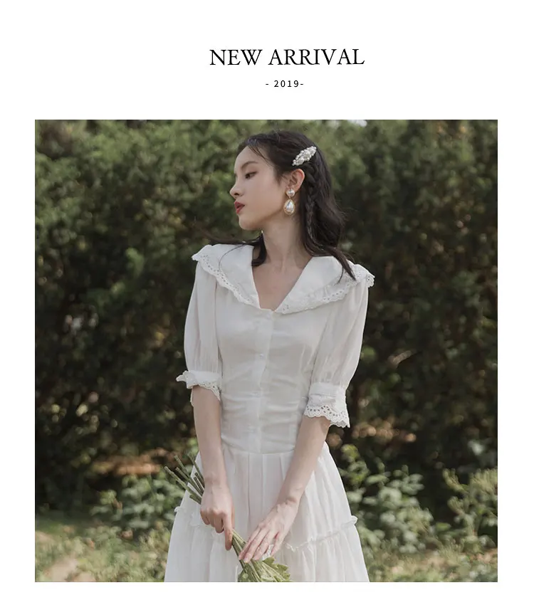 SWEETXUEE Elegant Women Summer Dress Casual Cotton Lapel Lace Stitching Single-Breasted Half Sleeve Lace Up Sweet White Dresses