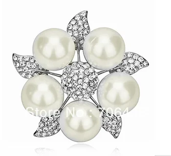 

Rhodium Silver Plated Clear Rhinestone Diamante Pearl Star Flower Brooch Pin