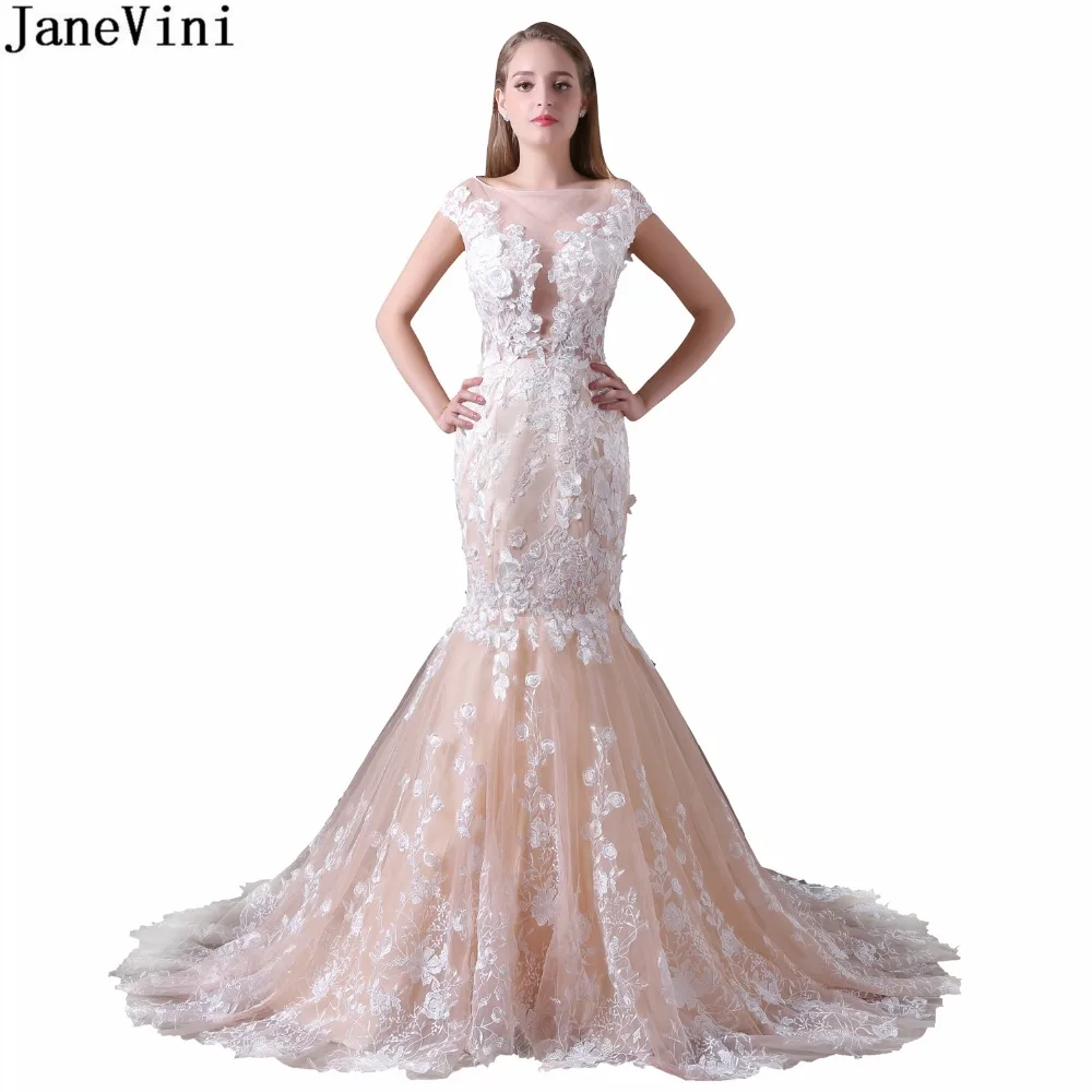 

JaneVini Champagne Scoop Neck Bridesmaid Dresses Long Party Lace Appliques Graceful Mermaid Formal Prom Gowns Tulle Sweep Train