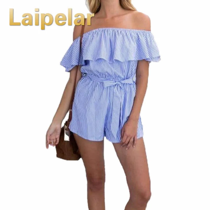 Laipelar 2018 летний женский сексуальный с открытыми плечами короткий комбинезон с оборками Синий Полосатый Комбинезон пляжный повседневный