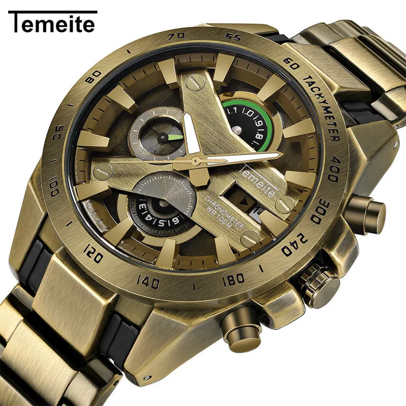 

Mens Waterproof Fashion Chronograph Quartz Wristwatches TEMEITE Copper Steel Business watches Relogio Masculino Dropshipping