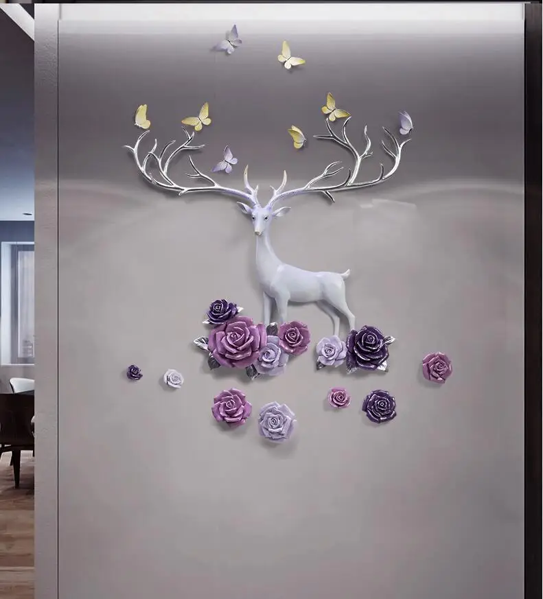 Modern Resin Wall Hanging Flower Deer Wall Decoration Crafts Home Porch Sofa Background Wall Sticker Mural Ornaments Pendant Art