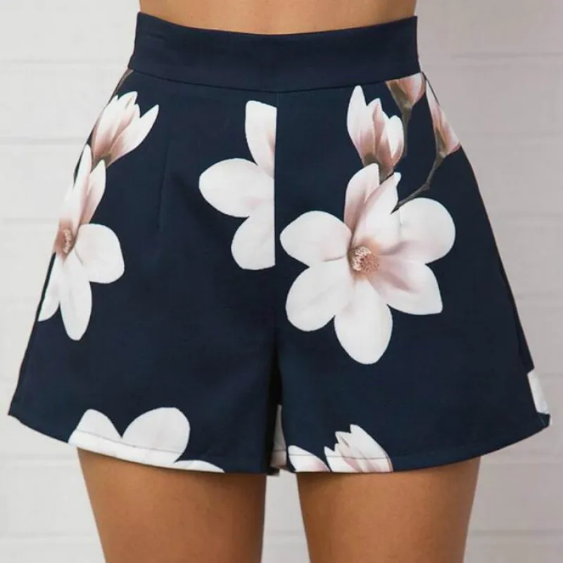 2018 модные летние женские сексуальные шорты с высокой талией, на молнии, с цветочным принтом, женские повседневные широкие короткие брюки