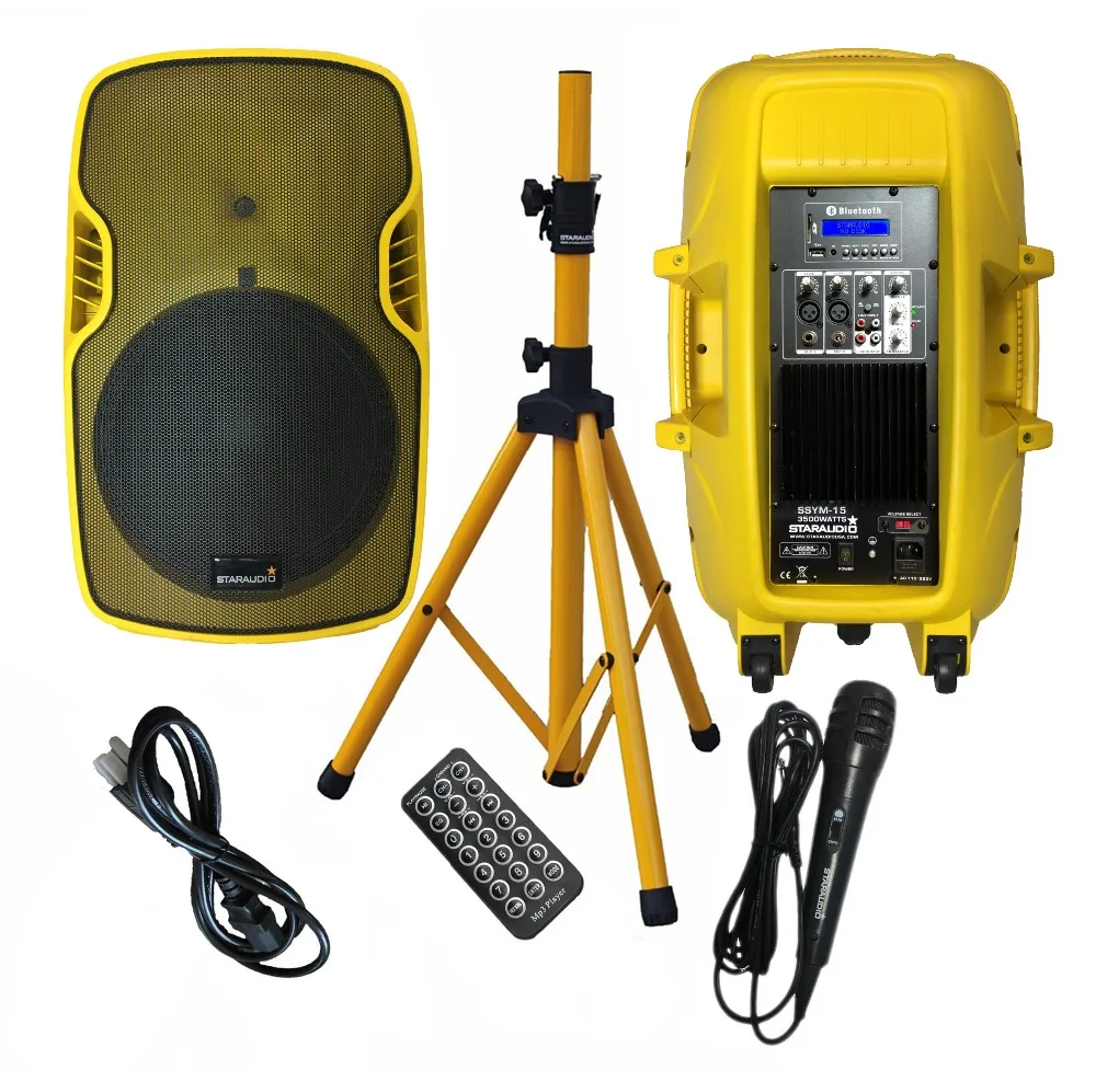 staraudio 15 inch 3500w powered speakers usb sd card bluetooth with speaker stand wired mic