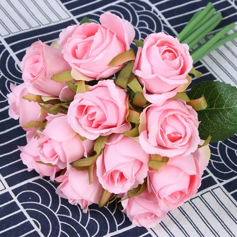Pink Корейский 12 голов шелковые искусственные мини-розы цветы букет декоративный искусственный цветок для свадебного украшения дома вечерние украшения сада - Цвет: Pink