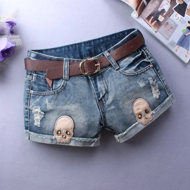 Плюс размеры XL джинсовые шорты летние для женщин Скелет Череп Шорты для весна ковбойские мотобрюки личности отверстие ж