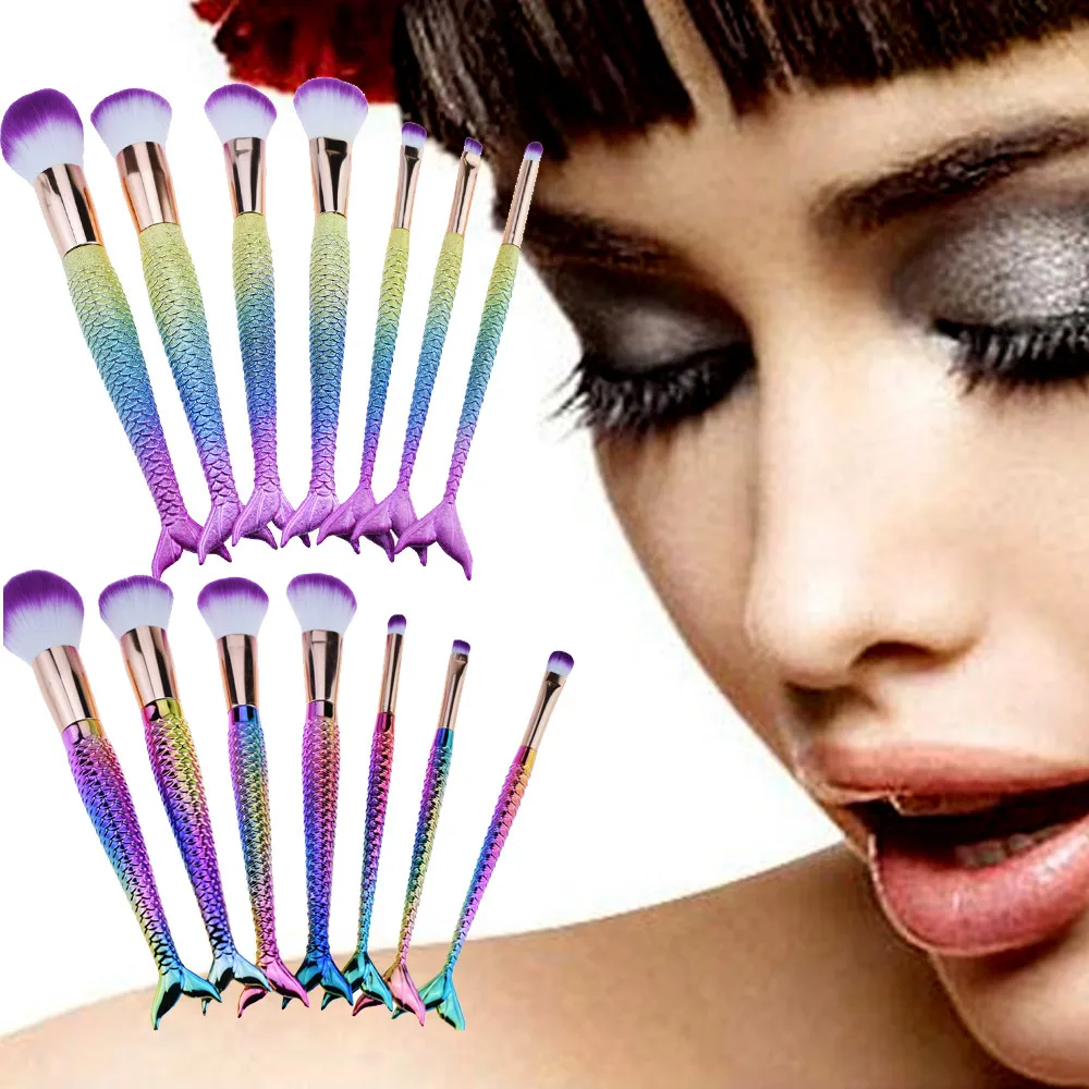 7Pcs Mermaid Makeup Brush Set Fish Tail Foundation Powder Eyeshadow Make up Brushes Contour Blending Cosmetic Brushes maquiagem