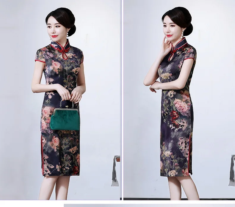 Женское летнее этническое платье Qipao, красное, фиолетовое, темно-синее платье с цветочным принтом, шелковая туника, женское платье с воротником-стойкой, боковое платье с разрезом