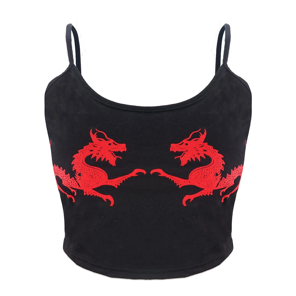 Women Summer Fitness Dragon Pattern Sleeveless U Neck Cropped Casual Fashion Sexy Polyester Crop Tops Straps Attractive Tight - Цвет: Красный