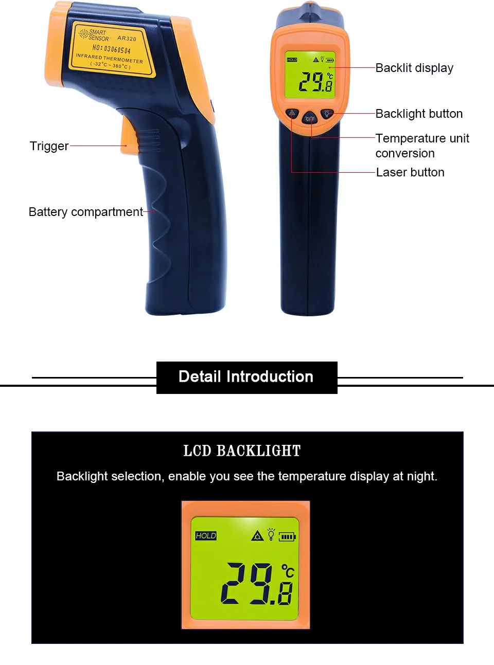 LDC IR Display Digital Infrared Thermometer AR320-32~380C(-26~716F) Non-Contact IR Laser Point Gun Pyrometer Hand thermometer