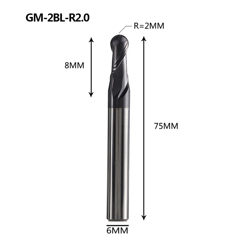 GM-2BL solid tungsten steel 2 flute ball nose coated end mill cnc milling cutter cutting tools for metal machining profile HRC45 - Длина режущей кромки: GM-2BL-R2.0