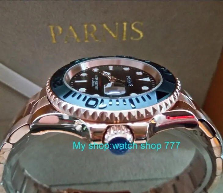 41 мм PARNIS 21 jewels автоматический механизм самозащиты керамический Безель сапфировое стекло светящийся чехол из розового золота Мужские часы с черным циферблатом