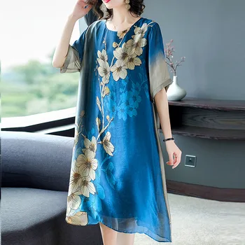 

WYWAN Women Summer Dress Plus Size Chinese Style Vintage Vestidos Female Elegnat Lady Empire Pleated Loose Long Dresses M-2XL