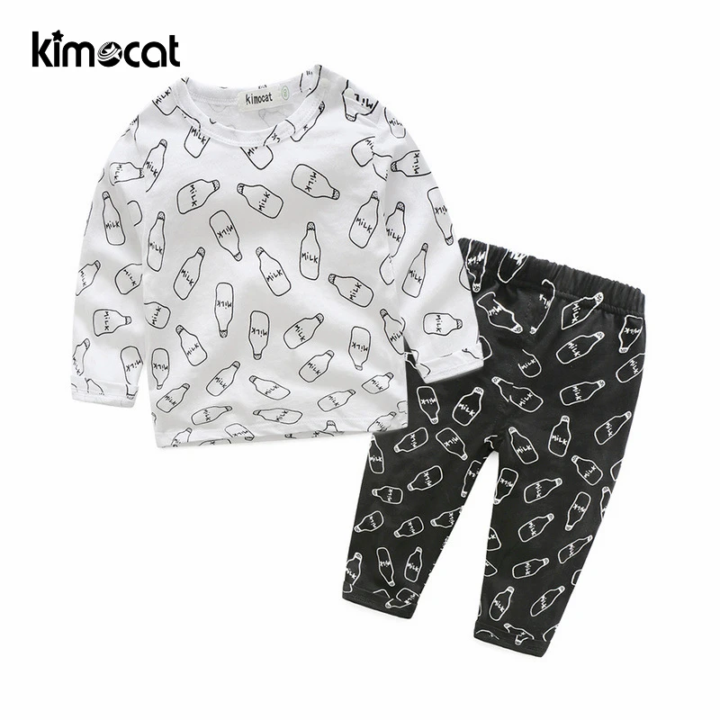 Kimocat/комплект одежды для мальчиков, весенне-осенние хлопковые спальные костюмы для новорожденных с длинными рукавами и принтом бутылки для кормления, пижамы