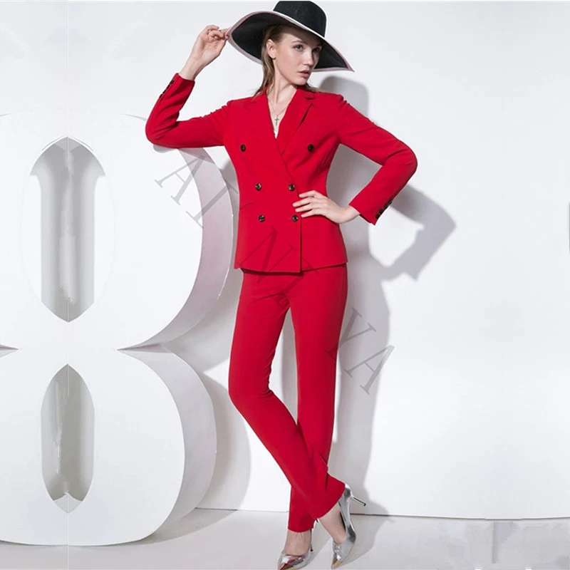 Custom Red Women Tuxedos Shawl Lapel Suits For Women Double Breasted