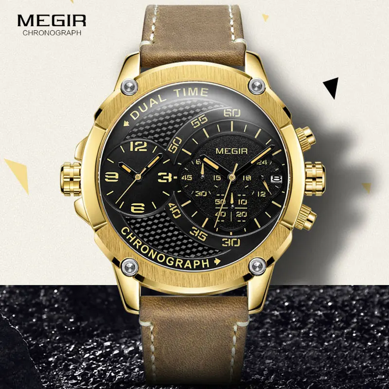 

MEGIR Men's Double Time Zone Sports Chronograph Quartz Watches Waterproof Leather Strap Luminous Army Wristwatch fro Man 2093GGD
