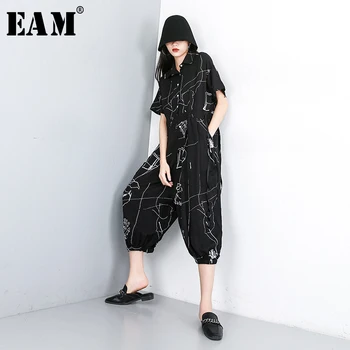 

[EAM] 2020 New Spring Autumn High Waist Pocket Stitch Pattern Printed Loose Wide Leg Pants Women Jumpsuit Fashion Tide JW920